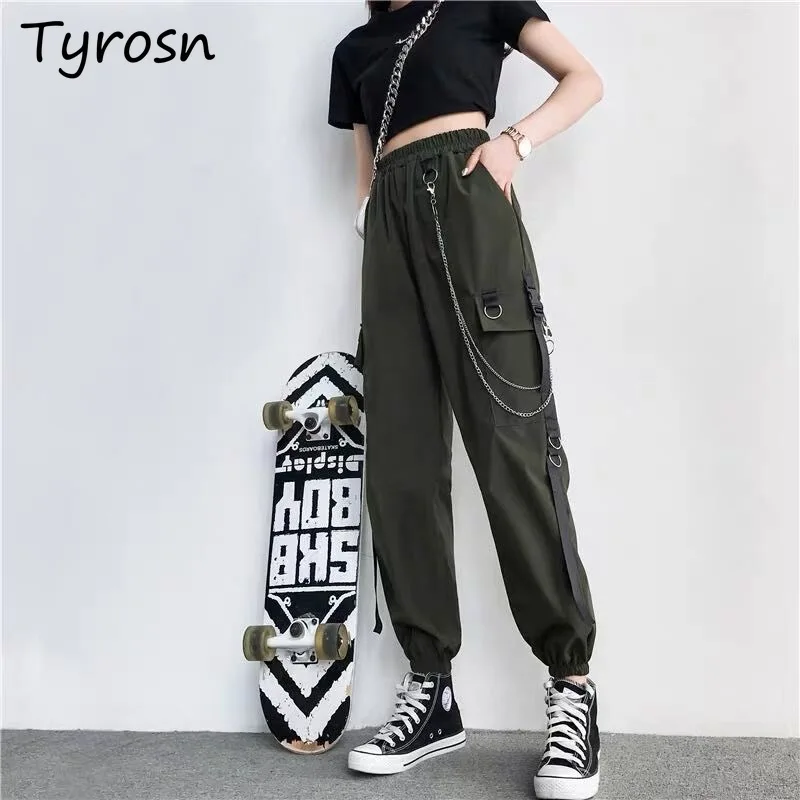 

Cargo Pants Women Chains Big Pockets Design Cool Irregular Loose Korean Style Hign Street Harem Pants Harajuku Jogger Fashion