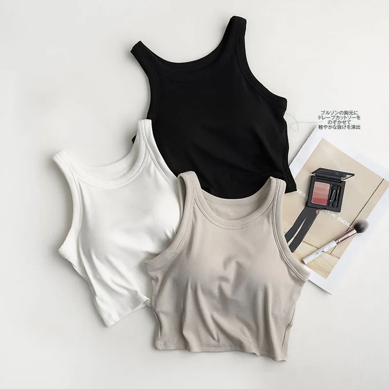 

Ribbed Women's Crop Top with Built-in Padding Tank Korea Stylish Sleeveless Sporty Basic Undershirts Tops Female Outwear C5835