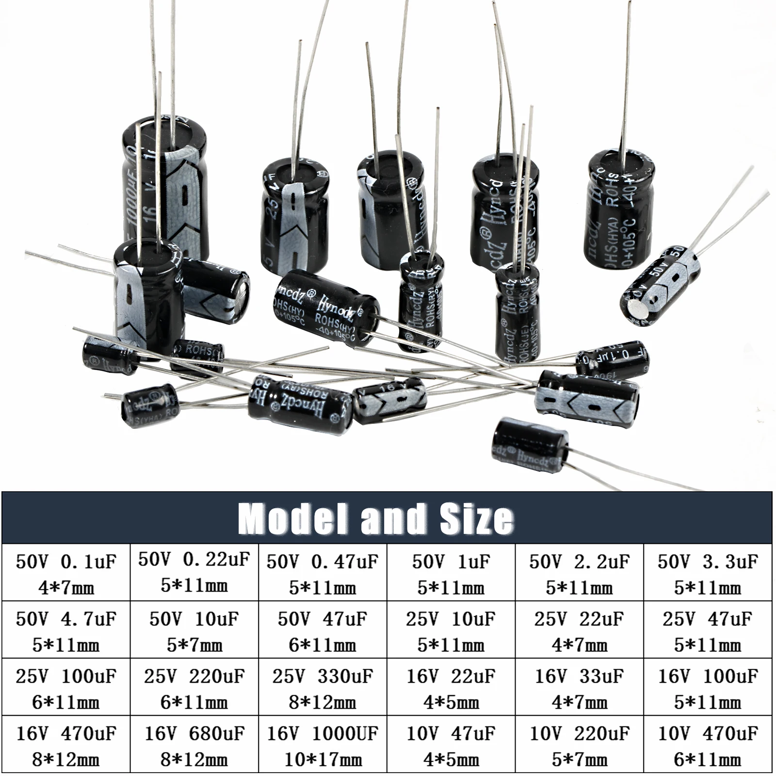 Capacitores eletrolíticos de alumínio, 10V, 16V, 25V, 50V, 0,1 uf, 1uf, 2,2 uf, 33uf, 47uf, 220uf, 470uf, 680uf, 1000uf