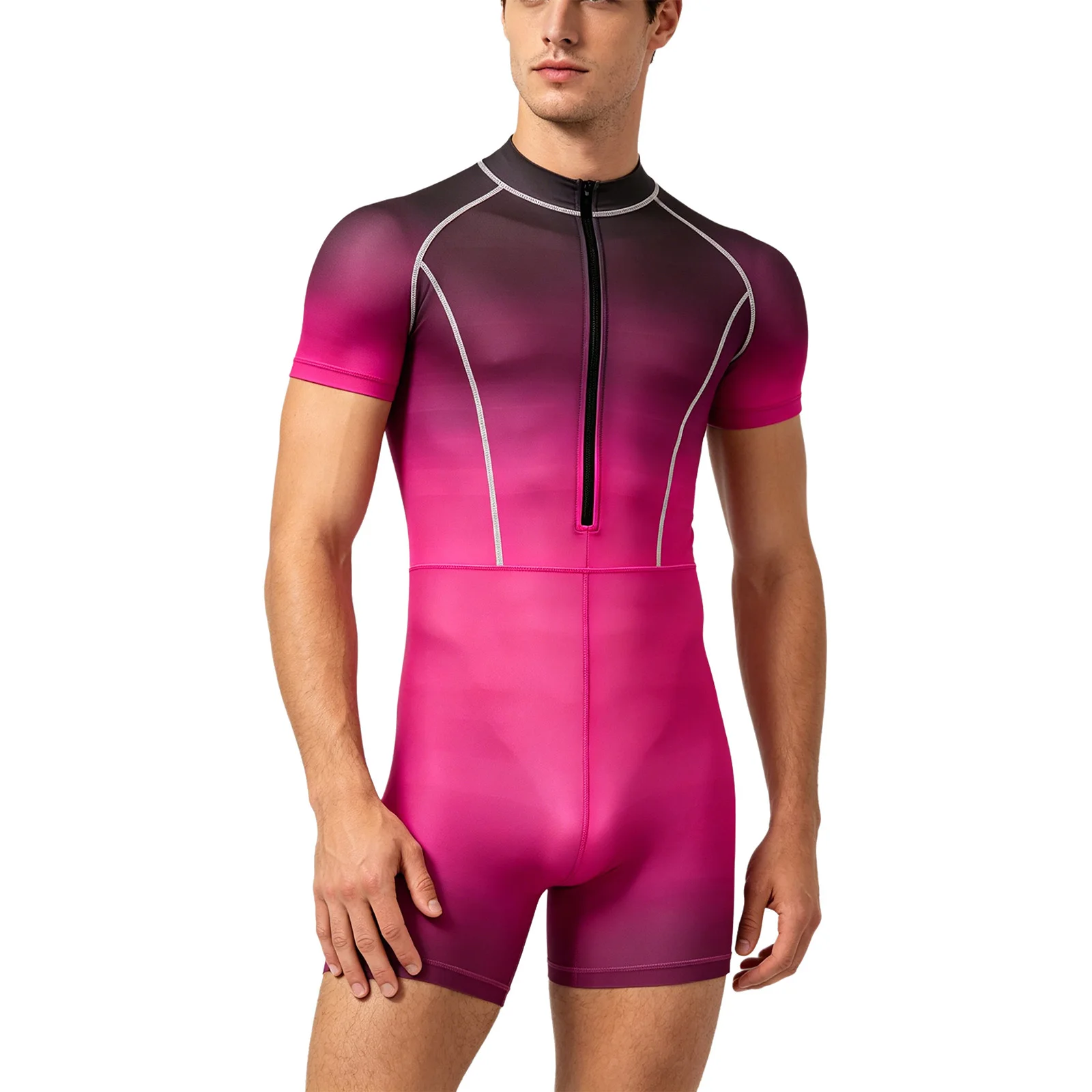Men Gradient Jumpsuit One Piece Swimsuit Short Sleeve Zipper Fitness Sports Bodysuit Rash Guard Bathing Suit Surfing Swimwear