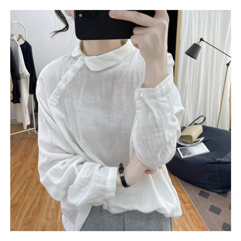 Korean Ingot Collar Pure Cotton Long-sleeved Shirt for Women 2025 Autumn Loose Top Retro Oblique Button Base Shirt