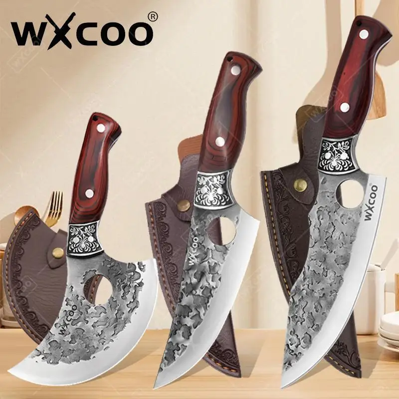WXCOO Metzgermesser, geschmiedetes Hammermuster, Küchen-Ausbeinmesser, Fleischbeil, Edelstahlmesser, Kochutensilien mit Holzgriff