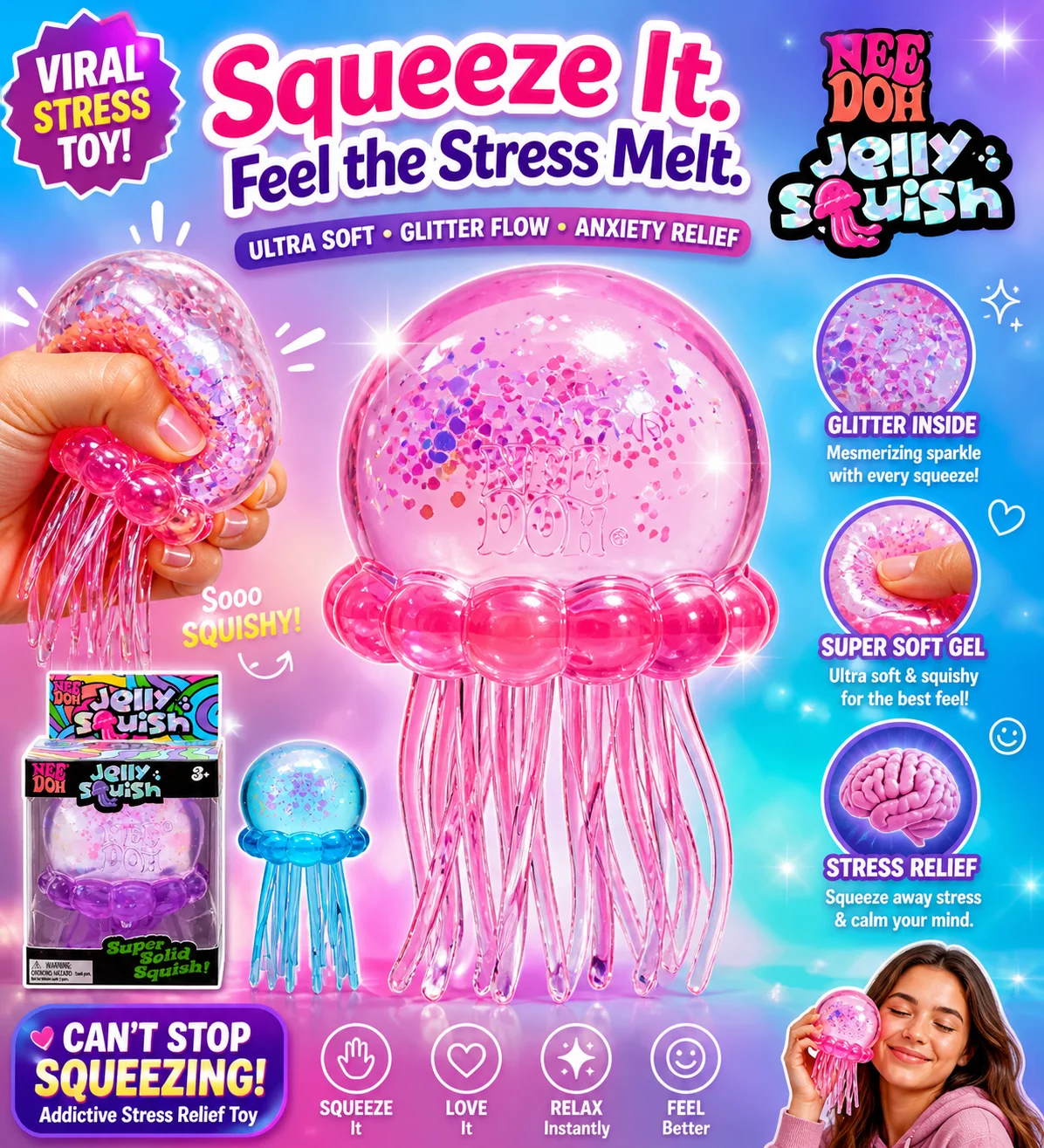 

2026 Hot Cute Nee Doh Jelly Hops Octopus Fidget Toy Waterproof Water Play Sensory Toy Great Gift for Boys and Girls