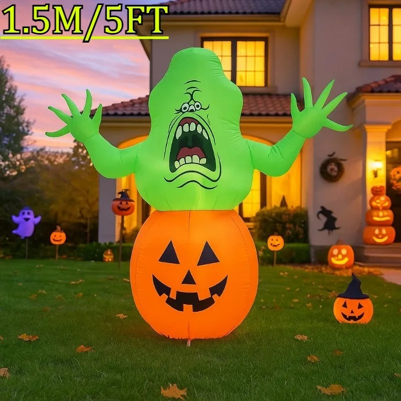 5FT Halloweenoween Inflatable Toys Pumpkin Green Ghost Blow Up Model Luminous Build-in LED Lights  Ornaments Gifts Inflatable