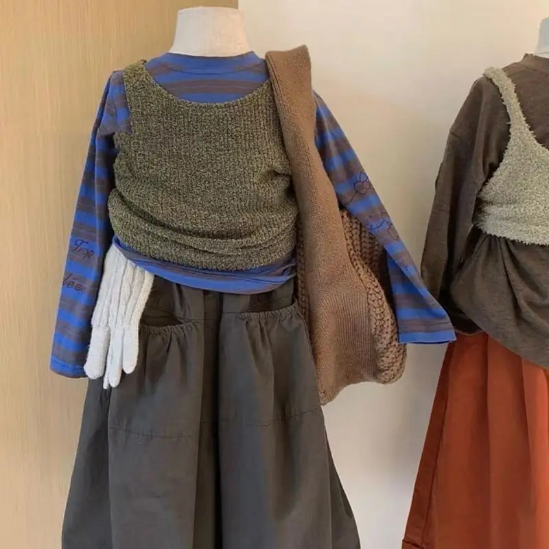 Girls 3-Piece Set – Striped Long Sleeve Top, Dark Green Vest & Cropped Wide Leg Culottes Kids Boutique Clothes