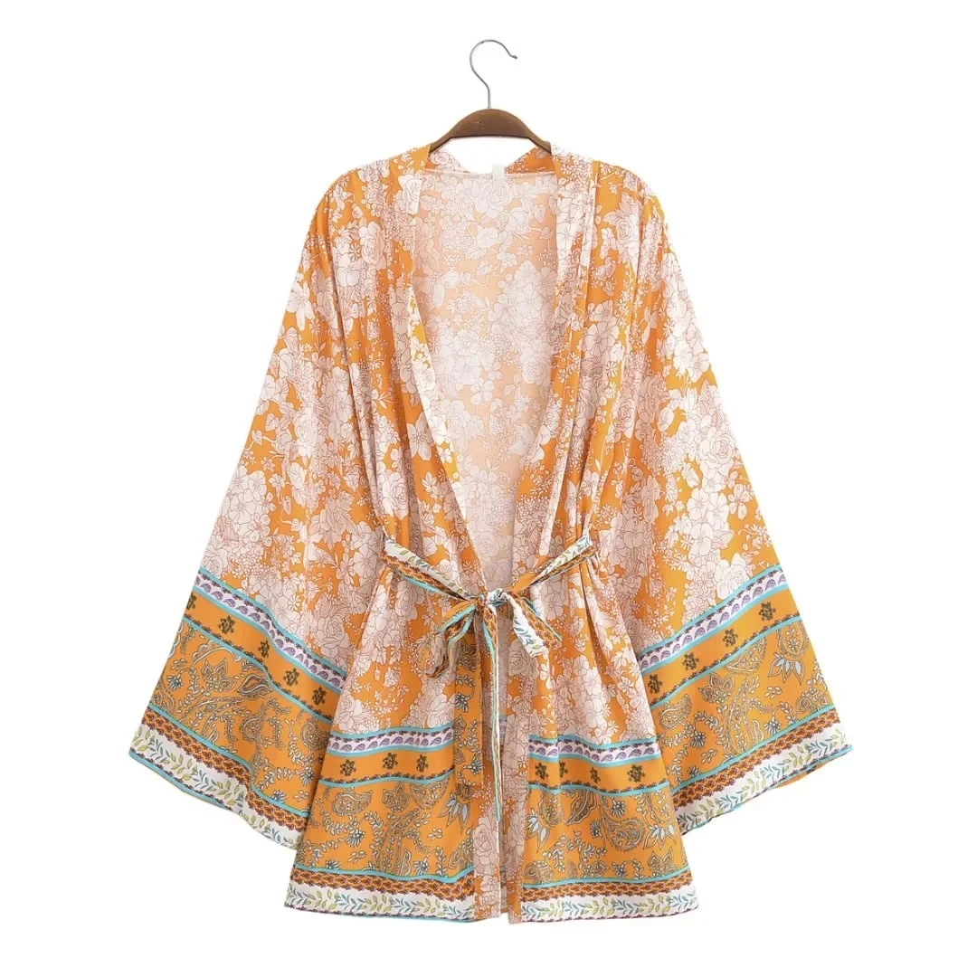 กิโมโนแขนเสื้อเสื้อผู้หญิง Cover-ups Vintage ดอกไม้พิมพ์ผ้าฝ้ายเรยอนฤดูร้อน Boho Beach สวม Robe vestidos