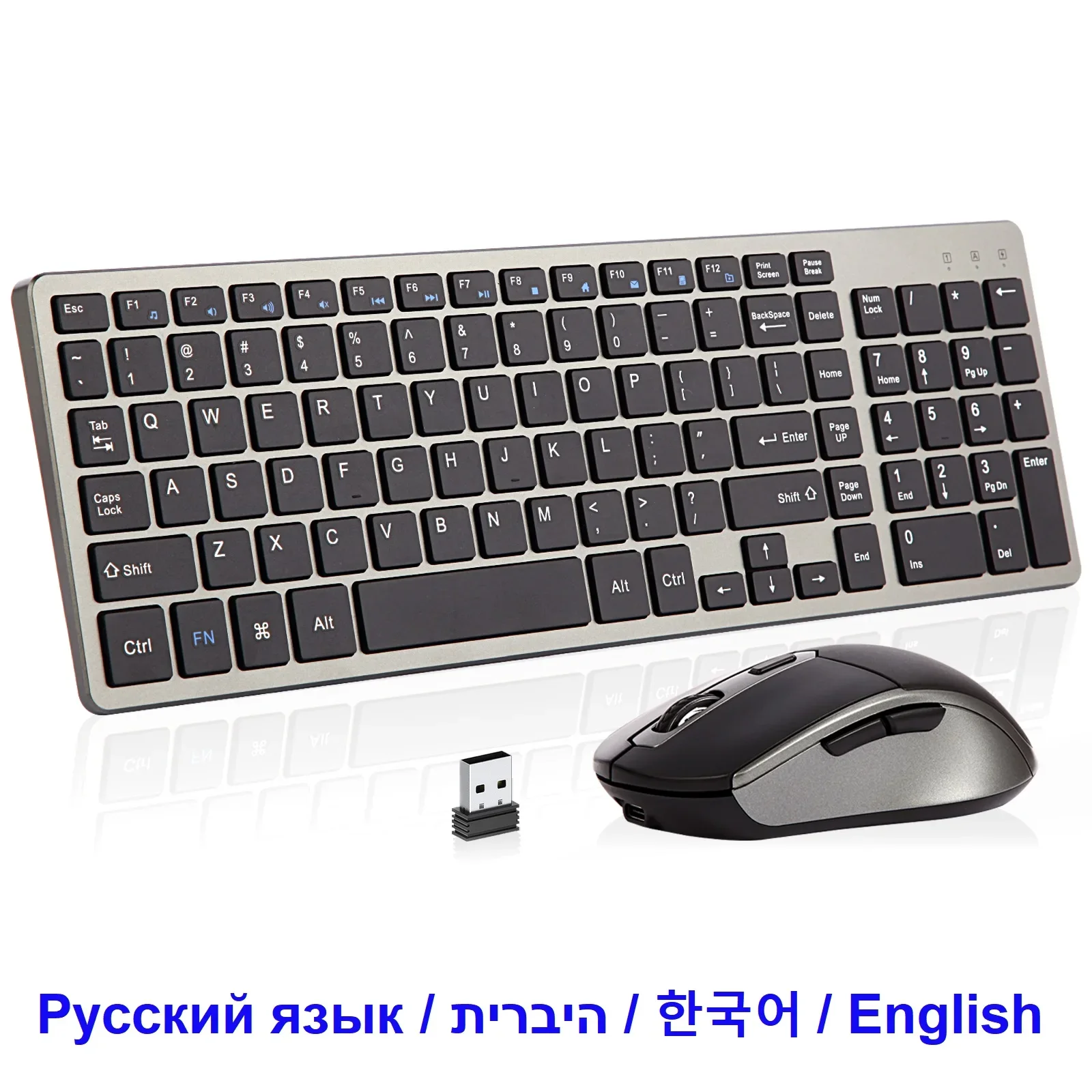 

Wireless Keyboard Rechargeable Russian Hebrew Korean Keycap 2.4G USB Slim Computer Keyboard and Silent Mouse for Laptop PC Mac