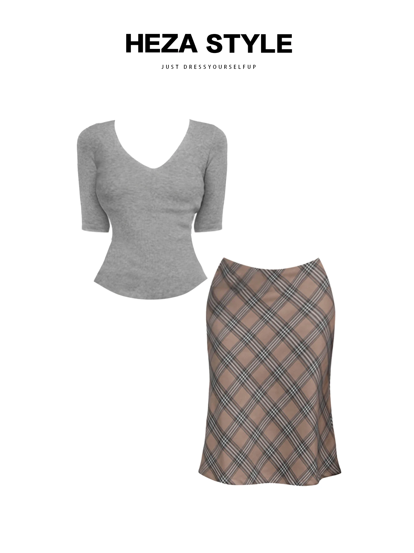 

HEZA Summer Plaid High Waist Slim Fit Women's Top Bot Set plus Size Korean Sle Faionable Body a Skirt Ensemble