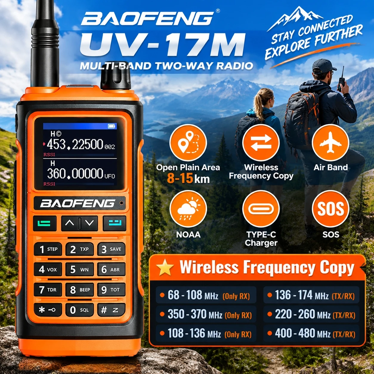 Baofeng Uv-17M Six Band Walkie Talkie Long Range Vhf Uhf Air Band Receiver Noaa Weather Type-C Charging Ham Radio Hiking Camping