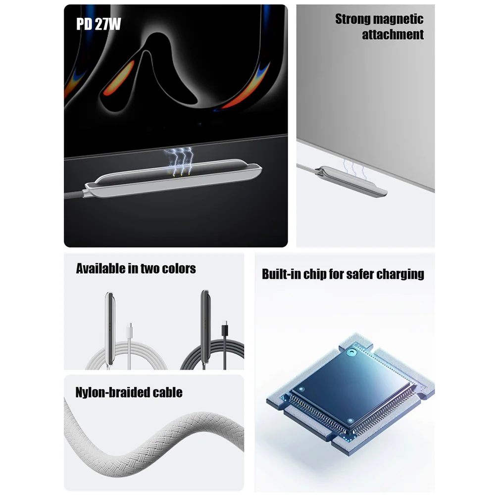 27W Type-C Magnetic Fast Charging Cable Portable Braided USB-C Magnetic Side-Charging Cable For iPad 10th/11th A16 2M