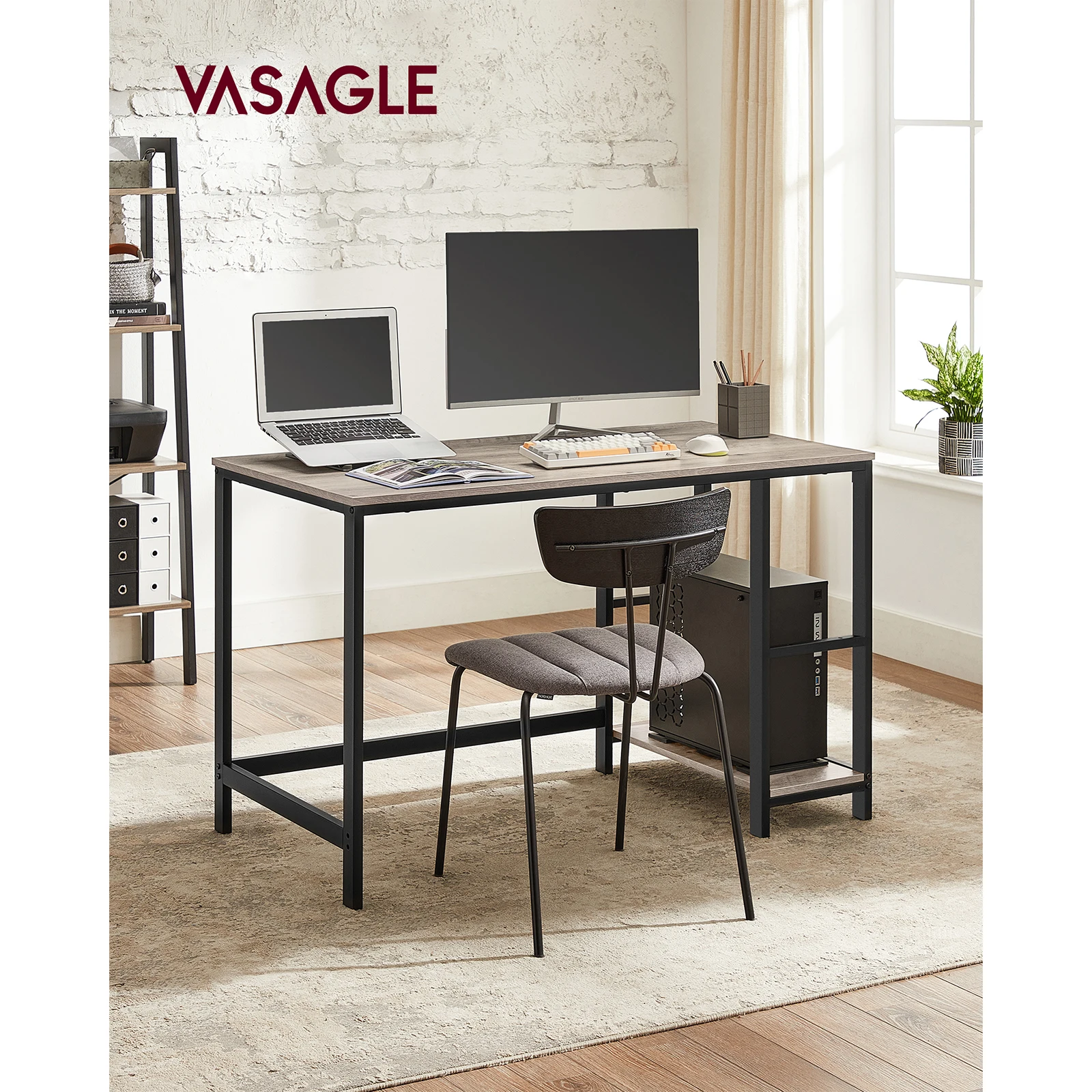 VASAGLE Writing Desk: 2 Shelves, Left/Right. Office, Living Room Work Table. Steel Frame, Industrial Style. Ebony Black.