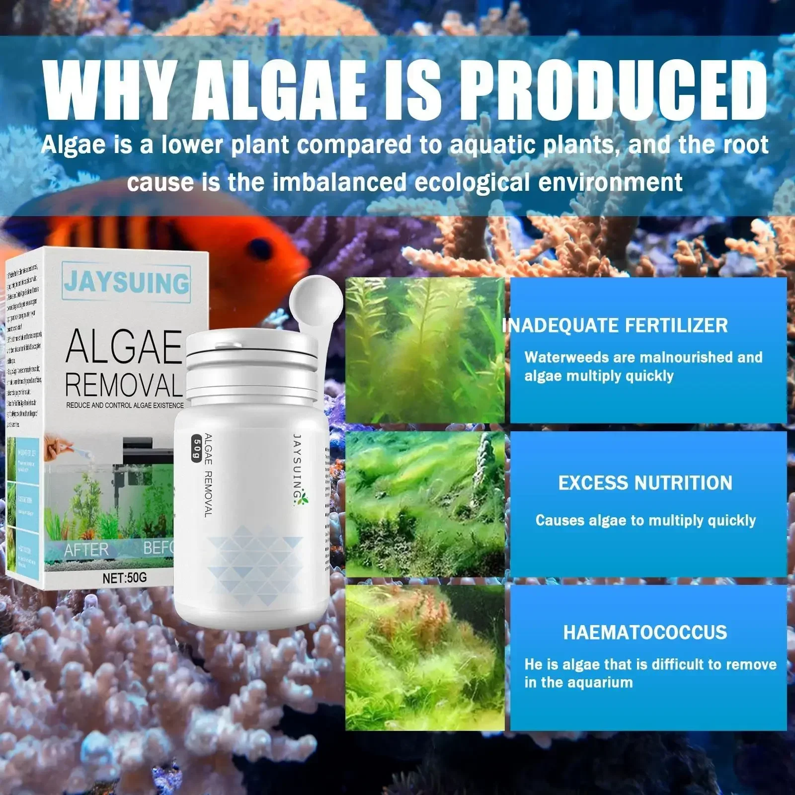 50g Algae Removal Agent With Spoon Tank Moss Remover Aquarium Fish Tank Pond Cleaner Sludge Destroyer Water Cleaning