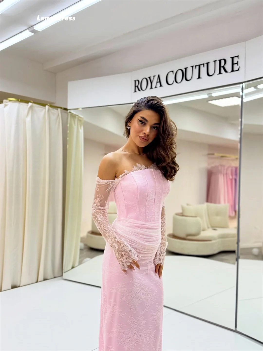 Sukienka wieczorowa damska Lena Pink 2025, luksusowa suknia na ceremonię, elegancka sukienka, luksusowa suknia dla gościa weselnego, syreni krój, koronka na zamówienie.