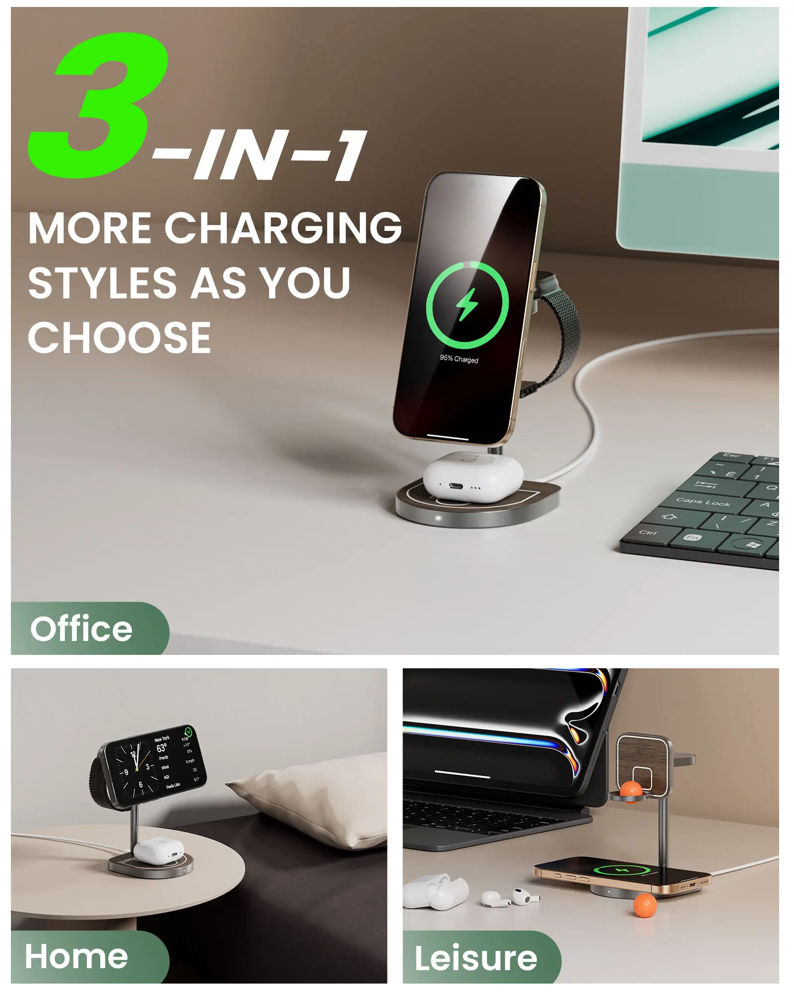 KUXIU X85Q Qi2 Magnetic Wireless Charger Stand For iPhone 17 16 15 14 13 Pro/Max,Apple Watch 1-9/Ultra/AirPods 4 3 2 Accessories