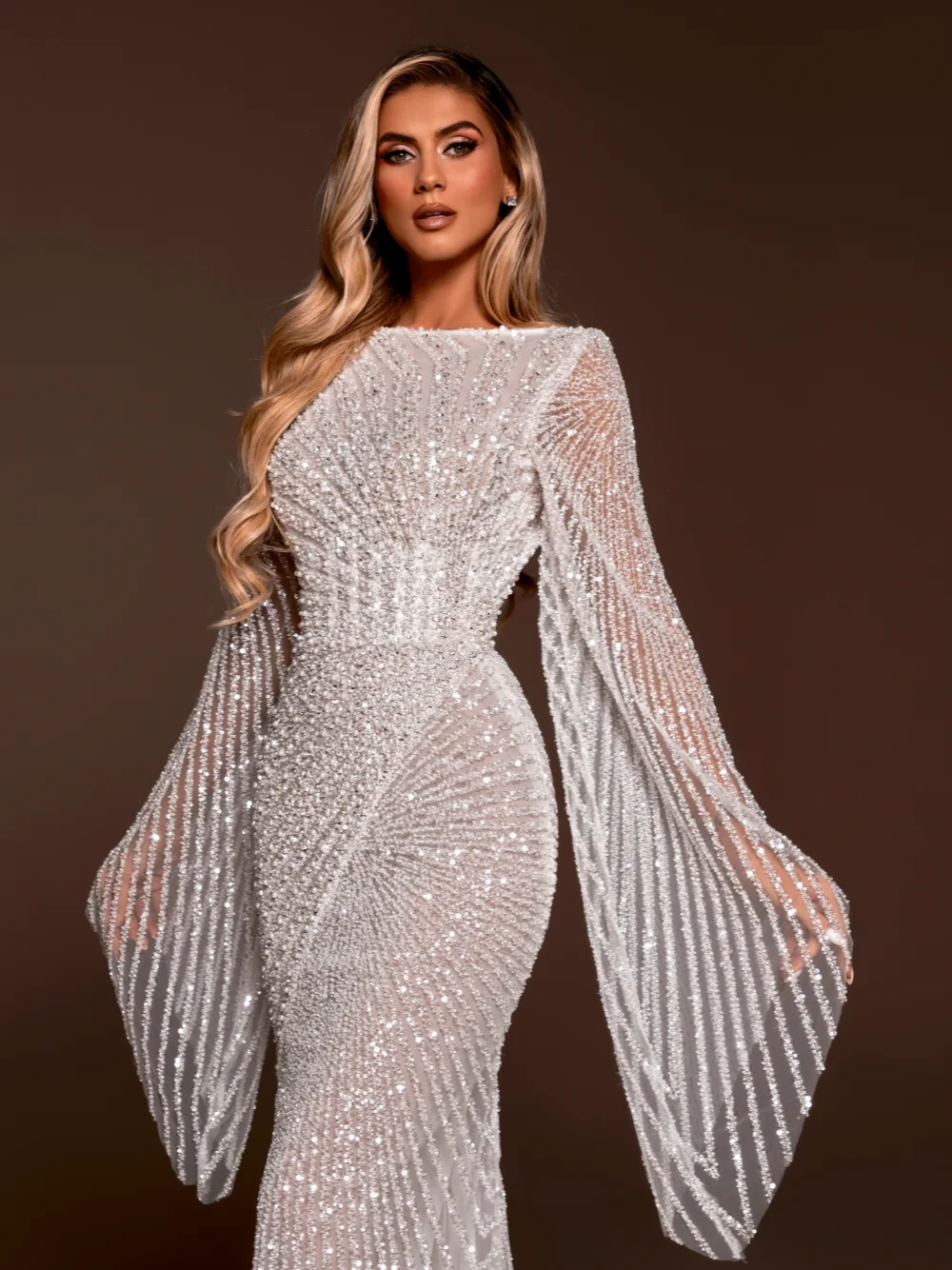 Shiny Boat Neck Bride Dresses Luxury Mermaid Backless Long Sleeve Wedding Dress Women Customized Pearls Gown Vestidos De Novia