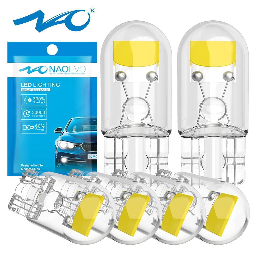 NAO 2/6x T10 W5W luces LED para lámpara indicadora de coche 12V 5W5 6500K COB vidrio Auto Interior placas de matrícula cúpula bombilla de lectura de cuña
