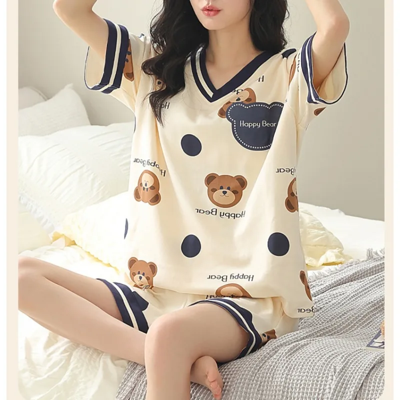Pajamas with Chest Pads Ladies Summer Cartoon Short Sleeve Shorts Bear Student Loungewear 2 Piece Set Cute Sleepwear Homewear