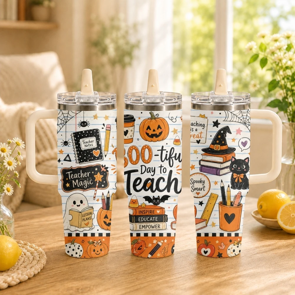 Vacuum Insulated Flask - กระติกน้ำสุญญากาศสำหรับฮาโลวีนและครู ขนาด 40 ออนซ์ พร้อมหูจับ แก้วน้ำสแตนเลสสุญญากาศเก็บความร้อน
