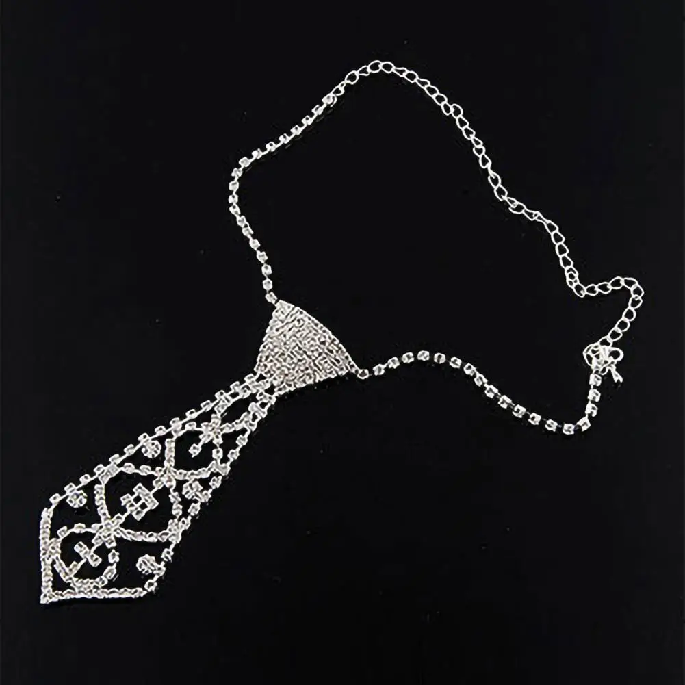 Unisex Necklace Necktie Shape Rhinestone Inlaid Fashion Tie Hollow Out Chain Necklace Jewelry for Party