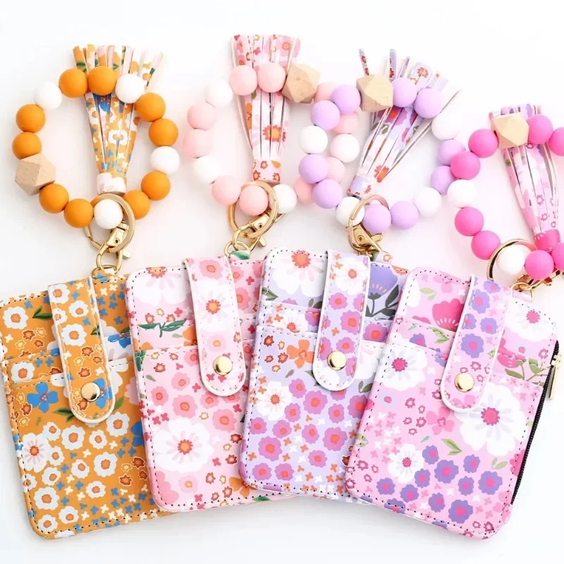 

Silicone Bead Bracelet Leather Card Wristlet Keychain Silicone Bracelet Wallet Bangle floret Printed Fragmented ID Bag