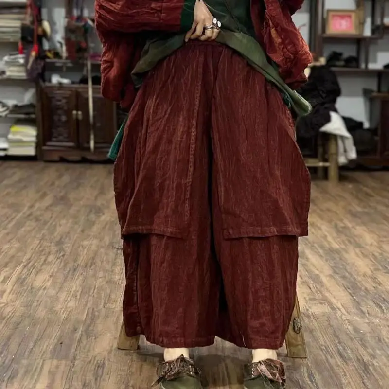 الربيع الصيف الفنون نمط المرأة مرونة الخصر فضفاضة الكاحل طول السراويل 100% الكتان مشرق خط الديكور خمر بنطال ذو قصة أرجل واسعة #1