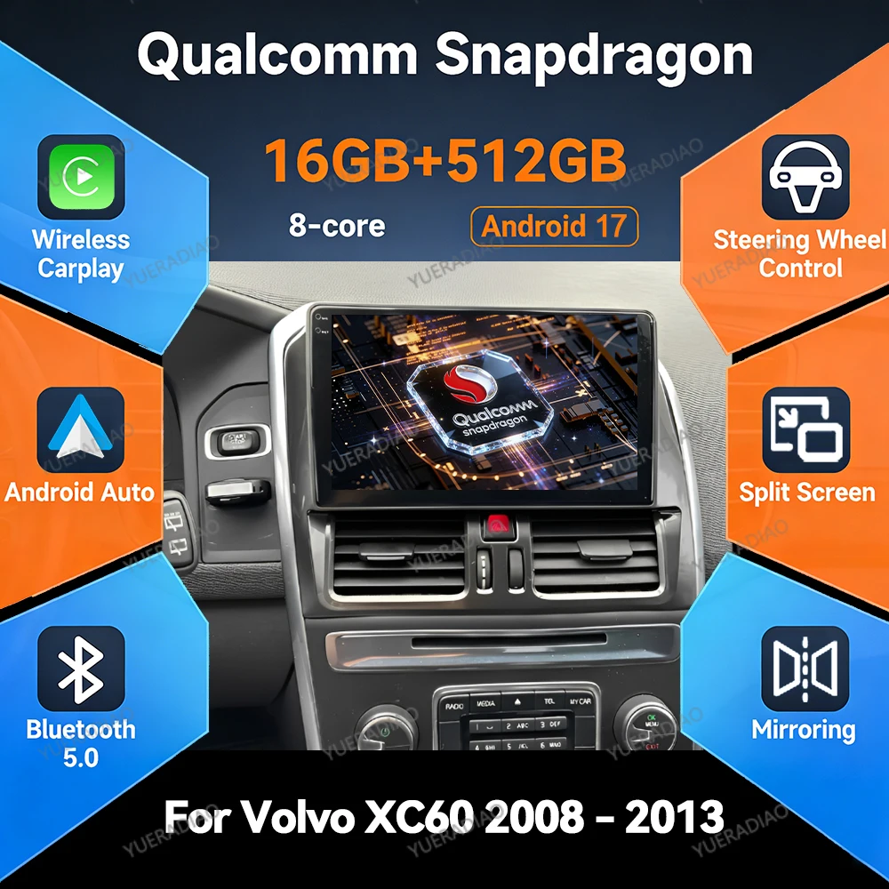 Android 17 Car Radio For Volvo XC60 Que 1 2008 - 2017 Head Unit GPS NAVI 4G WIFI Qualcomm QLED 2DIN Multimedia Video Player BT