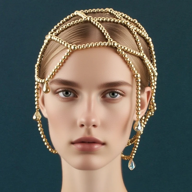 Neuer Stil Brautmode Persönlichkeit Mehrschichtige Mesh-Wassertropfen-Stirnkette Europäisches und Amerikanisches Performance-Haarnetz – Detail 3