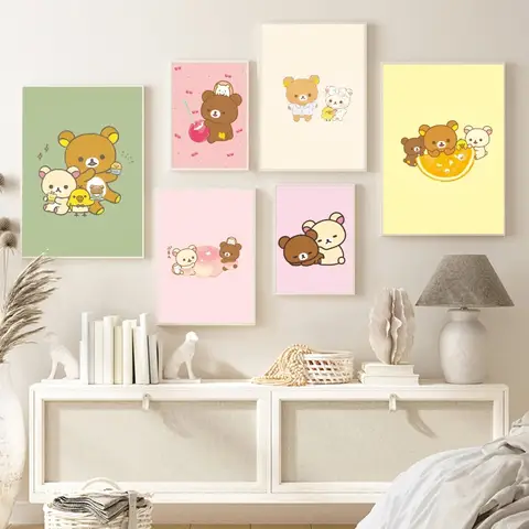 Póster de Rilakkuma de dibujos animados, pegatina de papel impermeable, autoadhesivo, decoración de pared de habitación, cafetería y Bar, 1 unidad