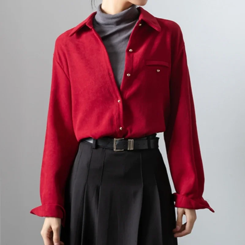 

Autumn Winter Vintage Corduroy Women's Blouse 2025 New Long Sleeve Turn-down Collar Single Breasted Casual Korean Shirt Female