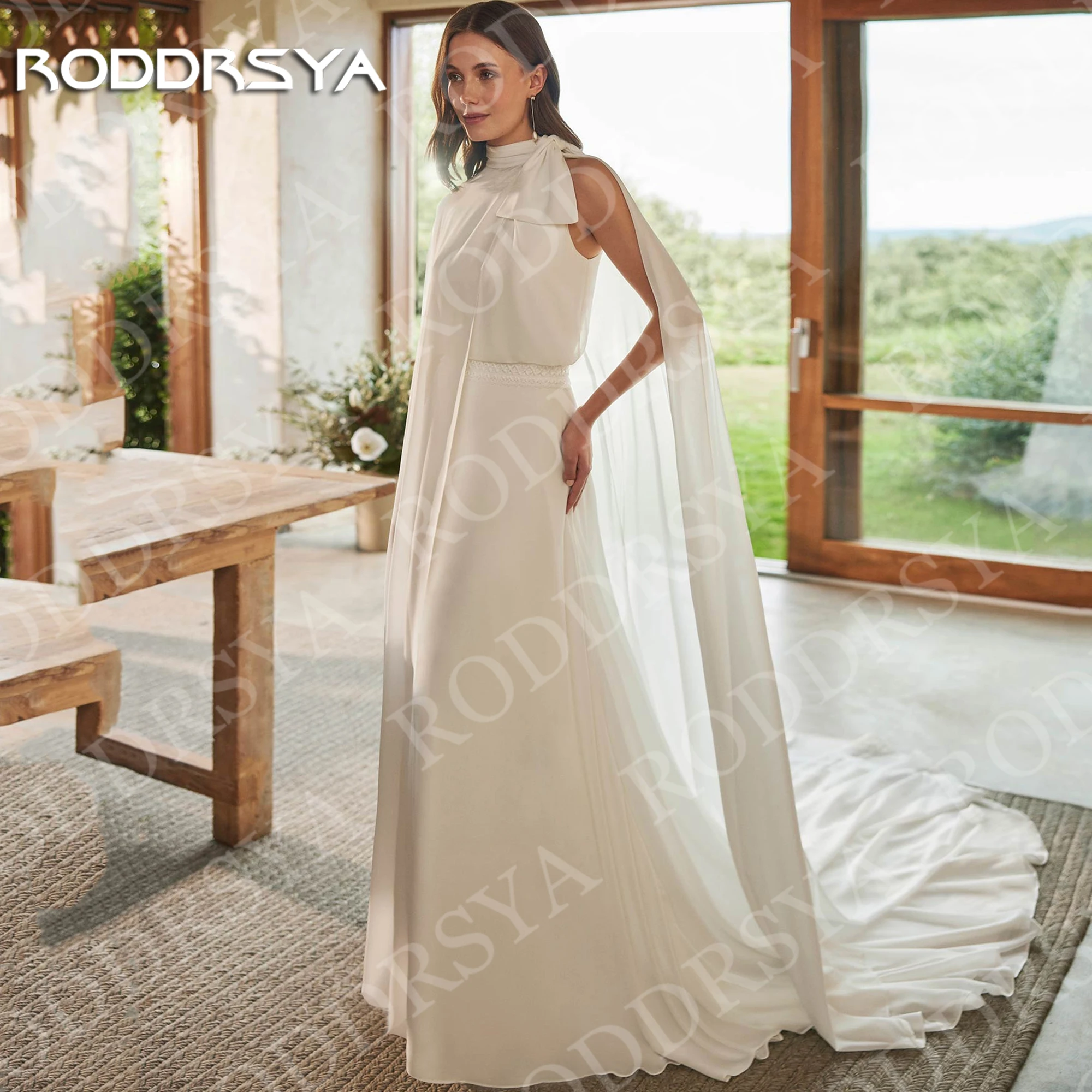 RODDRSYA Beach Civil Wedding Dresses for Bride Modern Bohemian Chiffon Simple Lace Bridal Dress with Detachable Cape Customized