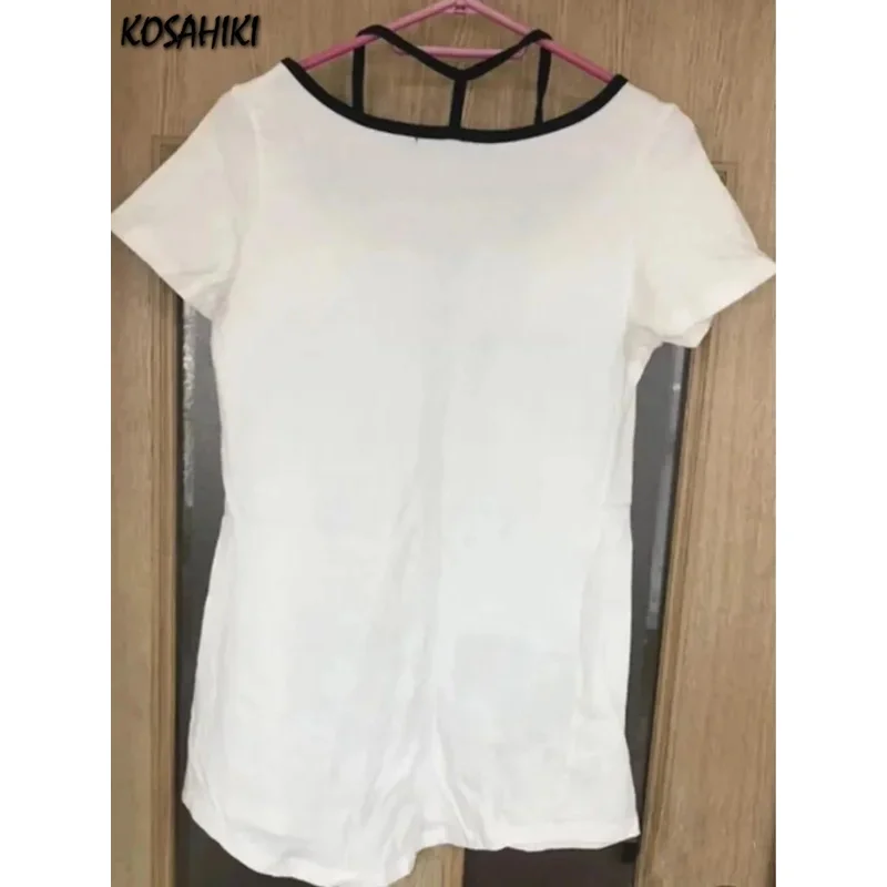 Camisetas góticas Punk japonesas para mujer, ropa informal de manga corta con estampado de letras, Tops calados Grunge, Camisetas holgadas informales
