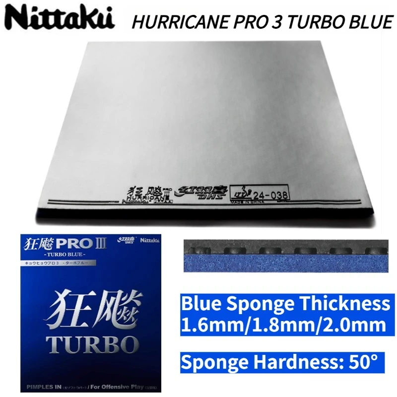NIittaku HURRICANE PRO 3 TURBO BLUE Table Tennis Rubber Sticky Pips in with 1.6/1.8/2.0mm Blue Sponge 50° Ping Pong Rubber ITTF
