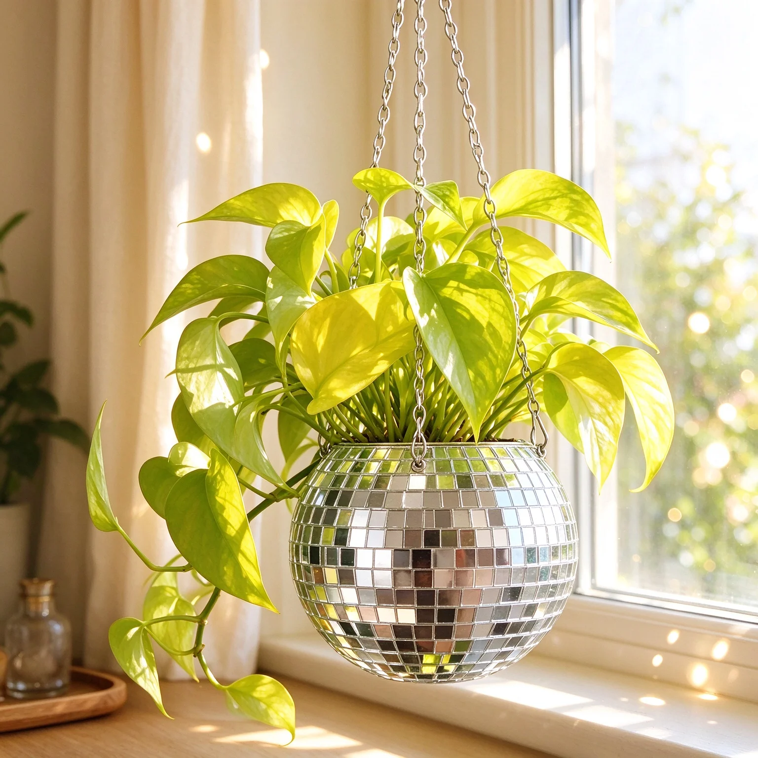 Disco Ball Hanging Planter with Chain, Mirror Flower Pot for Indoor Cactus, Boho Wall Decor Aesthetic, Unique Gift for Women