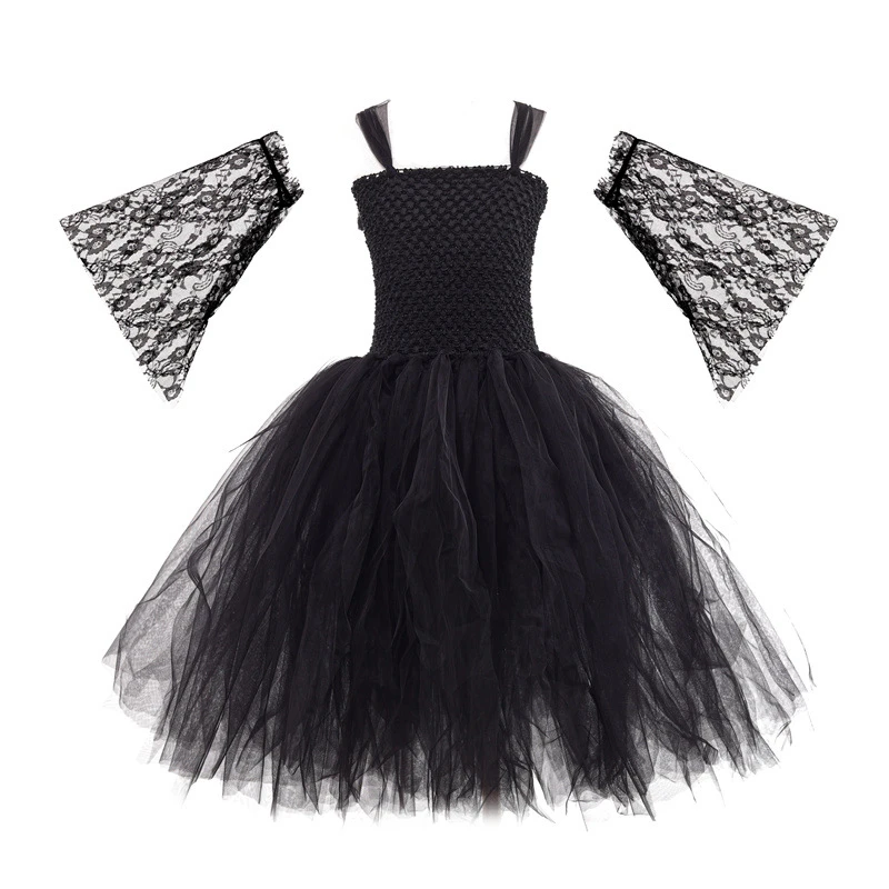 Mädchen Gothic Dark Fallen Kostüm Spitzen-Tüll Langes Kleid für Halloween Cosplay Geburtstag Karneval Bühnenparty – Detail 6