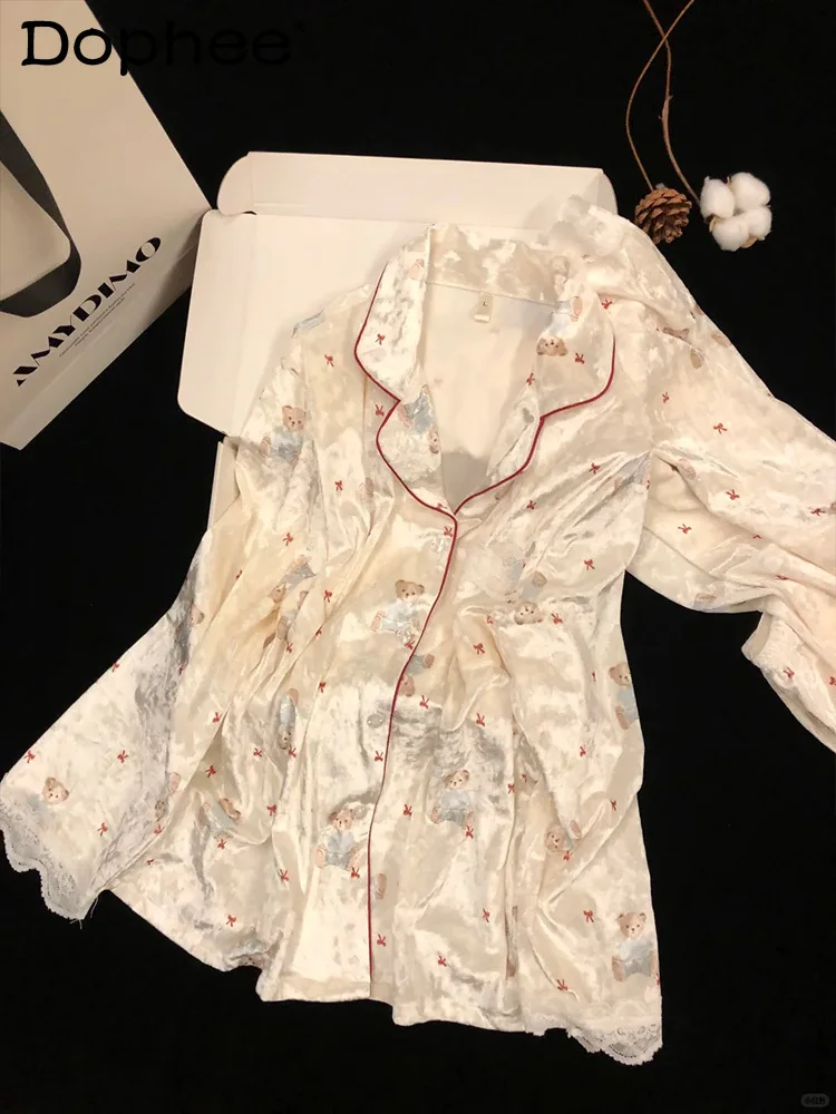 

Новинка 2023 года, пижамы с милым медведем и длинными рукавами для женщин, весна-осень-зима, бархатная милая утепленная домашняя одежда с длинными рукавами