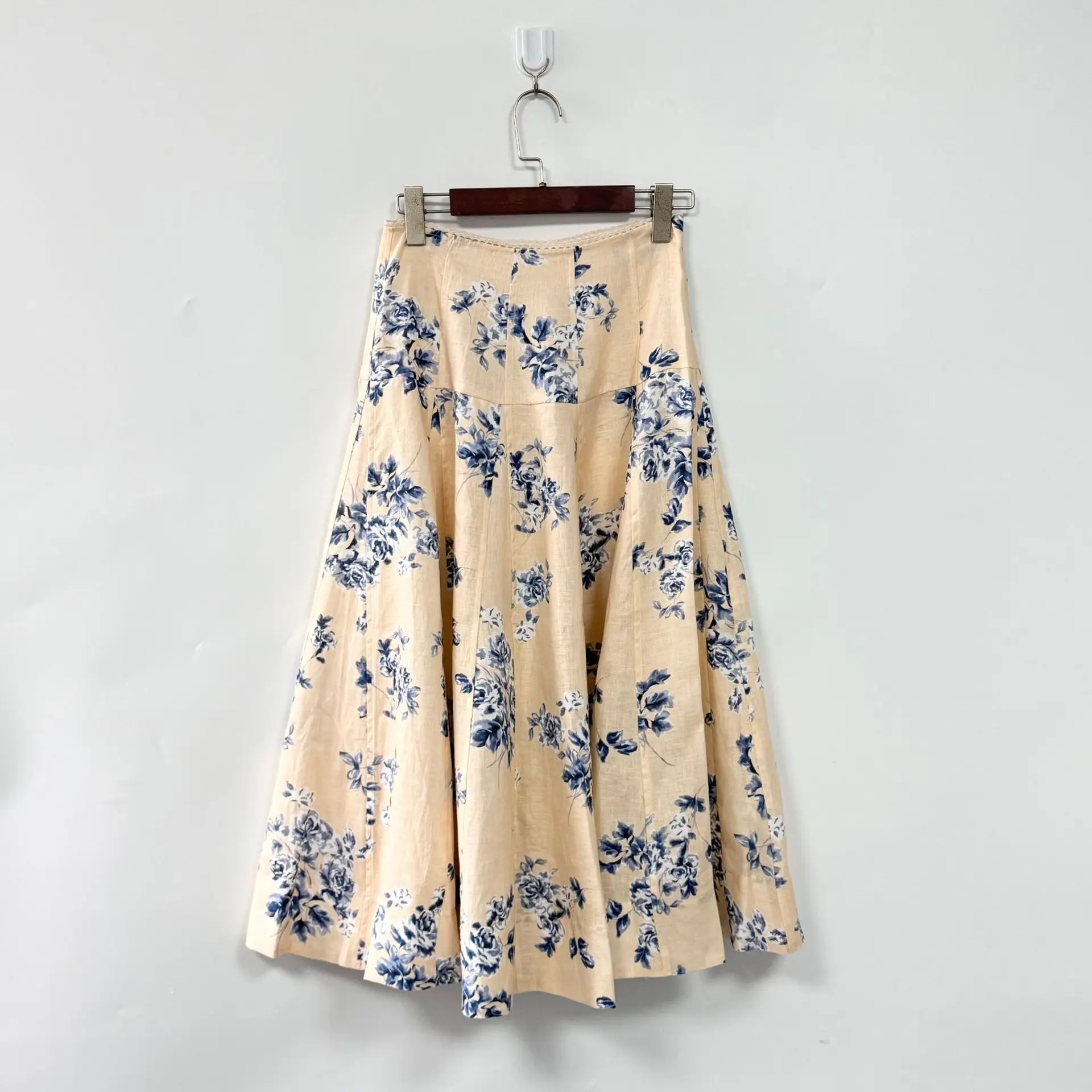 Dave&di Summer French Romantic Retro Vacation Style Floral Printed Linen Skirt Skirt Woman Clothing Faldas Skirts