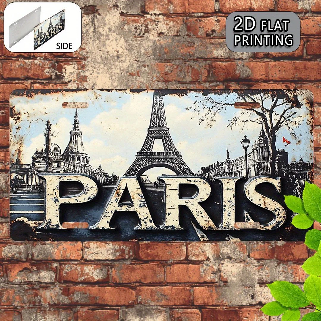 Paris France Eiffel Tower Vintage Rustic 2D Flat Printed License Plate Aluminum Metal Painting High Definition Clear Print Bend