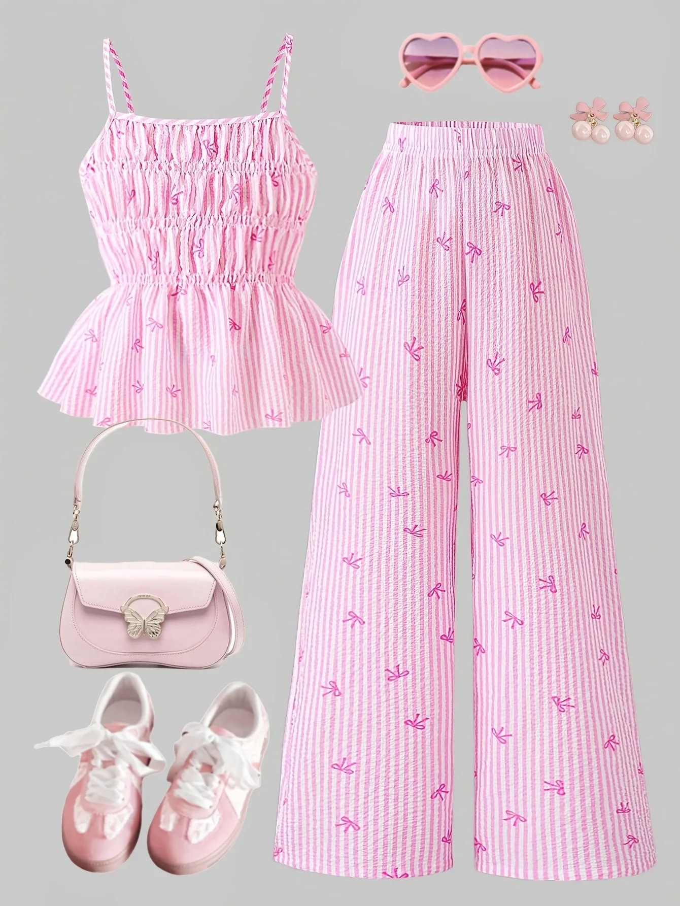 Kids Girls 2-Piece Bow Print Striped Spaghetti Strap Smocked Top & Wide Leg Pants Set Sweet Summer Casual Outfit