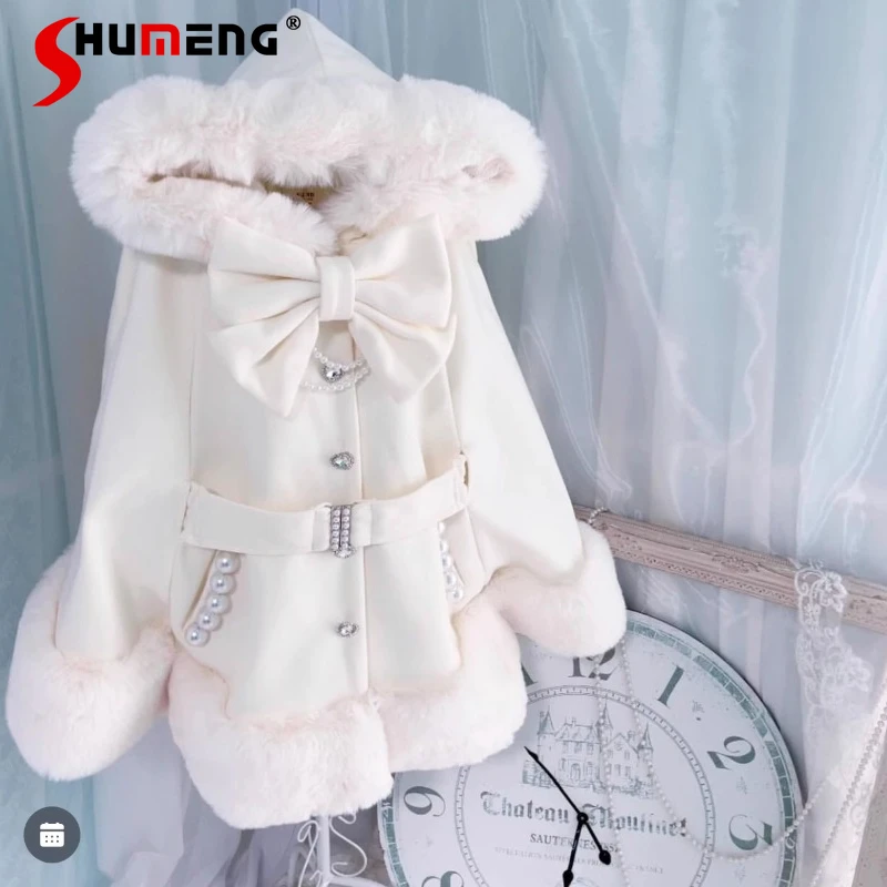 2024 Winter New Loose Coats Super Beautiful Gorgeous Pearl Cape Coat Women\'s Clothing Kawaii Big Bow Chic Japanese Woolen Jacket