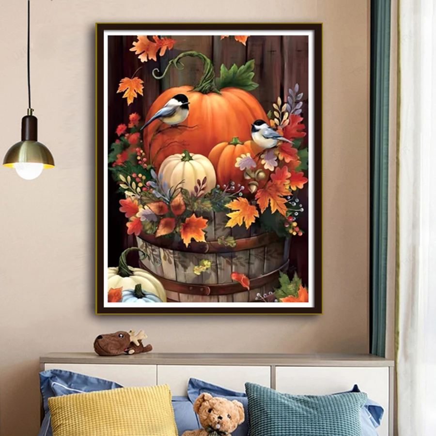 Harvest Pumpkin Bird Cross Stitch Kit 11Ct Printed Pattern Full Embroidery Autumn Maple Leaves Countryside Pastoral Entrance Decoration Handmade Thread Embroidery Material Pack