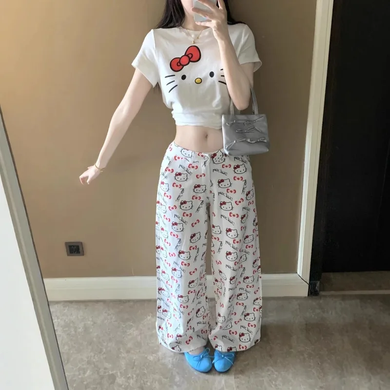 

Y2K Hello Kitty Printed Jeans Kawaii Loose Casual Straight Wide Legs Sweet Girls' Heart Lazy Style Trousers Gifts for Girls