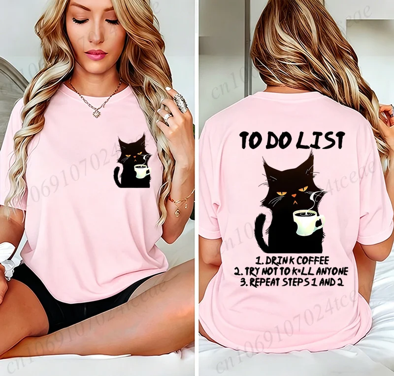 Black Cat To Do List Shirts,Graphic Tees,Funny Cat Coffee T-Shirts,Summer Tshirts,Fashion Harajuku Women T Shirt Short Sleeve