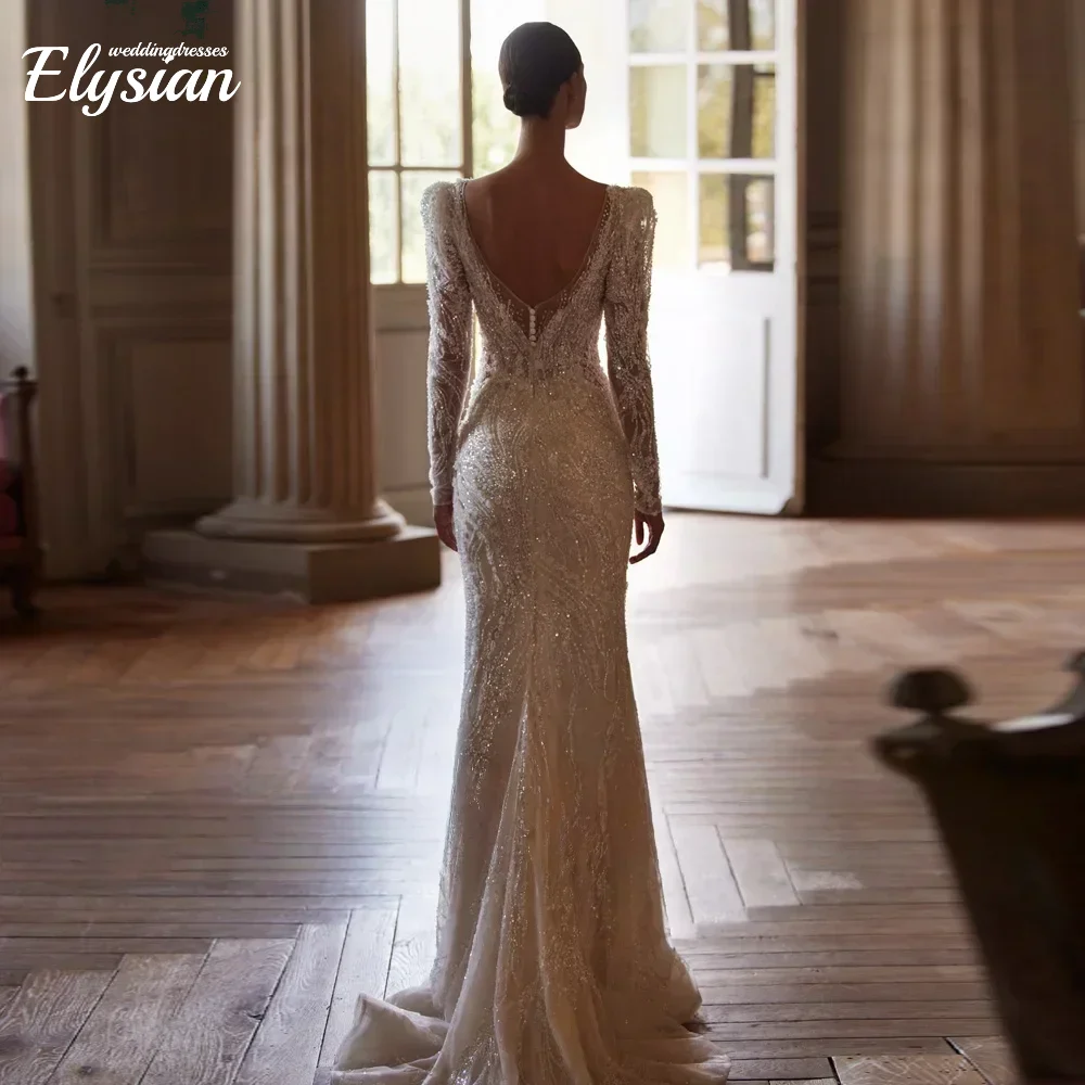 ชุดแต่งงานทรงเมอร์เมดแบบเซ็กซี่สั่งตัดได้ คอวี แขนยาว ปักลาย ถอดชายกระโปรงได้ ชุดเจ้าสาวแบบมีชายกระโปรง Vestido De Novia