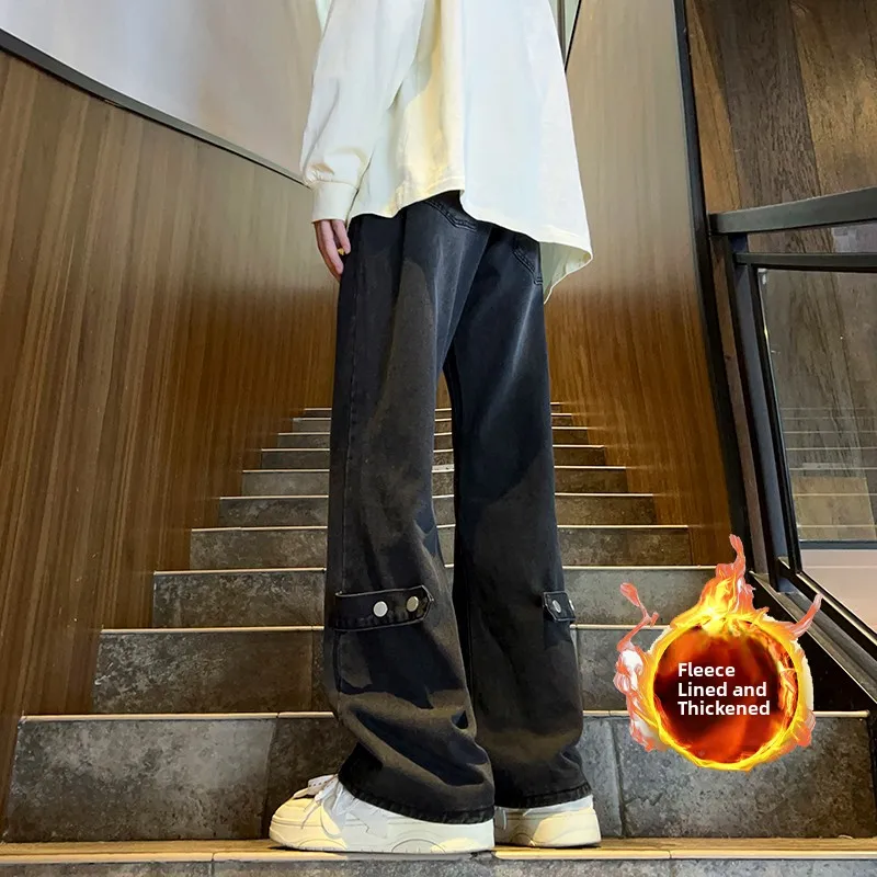 

American Retro Thiened Fce Wide Leg Jeans Men Winter Straight Tube Loose Long Pants Youth Faion Wear Resistant