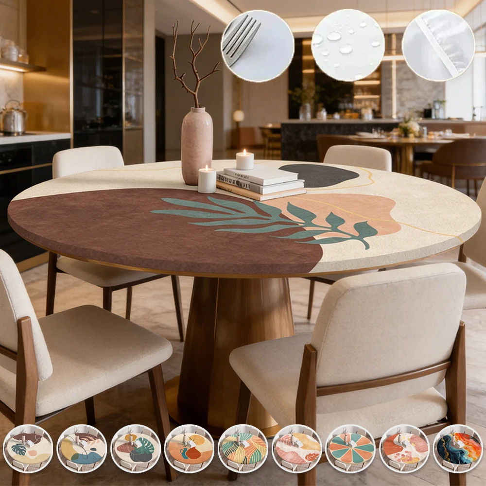 60/70/80/90/100/110/120/130/140cm Round Table Cover Waterproof Oil-Proof Elastic Tablecloth for Kitchen Wedding Party Home Decor