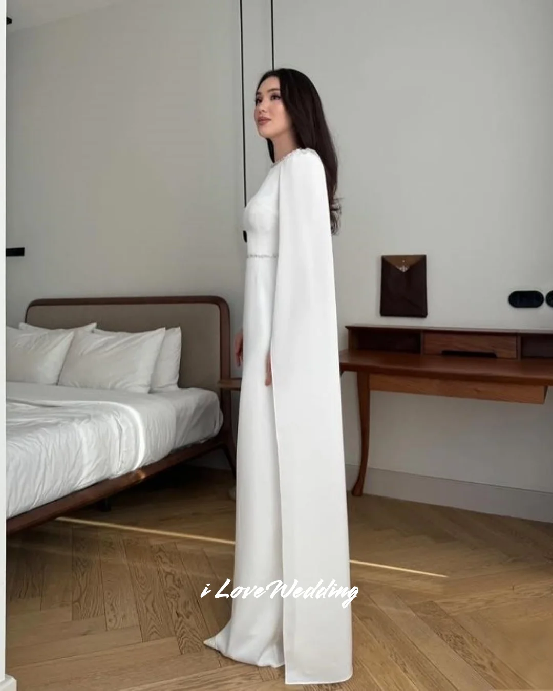 Vestidos de novia blancos con cuello redondo, sirena con cuentas de manga larga, musulmán, Arabia Saudita, largo hasta el suelo, plisados, personalizados, 2025