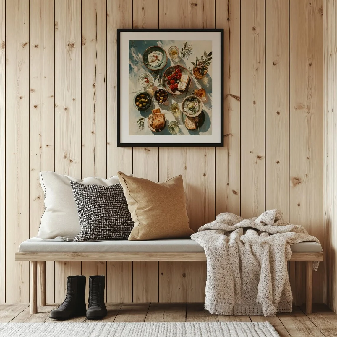Rustic Greek Café Table Scene - Sunny Mediterranean Still-Life, Summer Casual Meal, Cozy At-Home Decor, Printable Digital Art