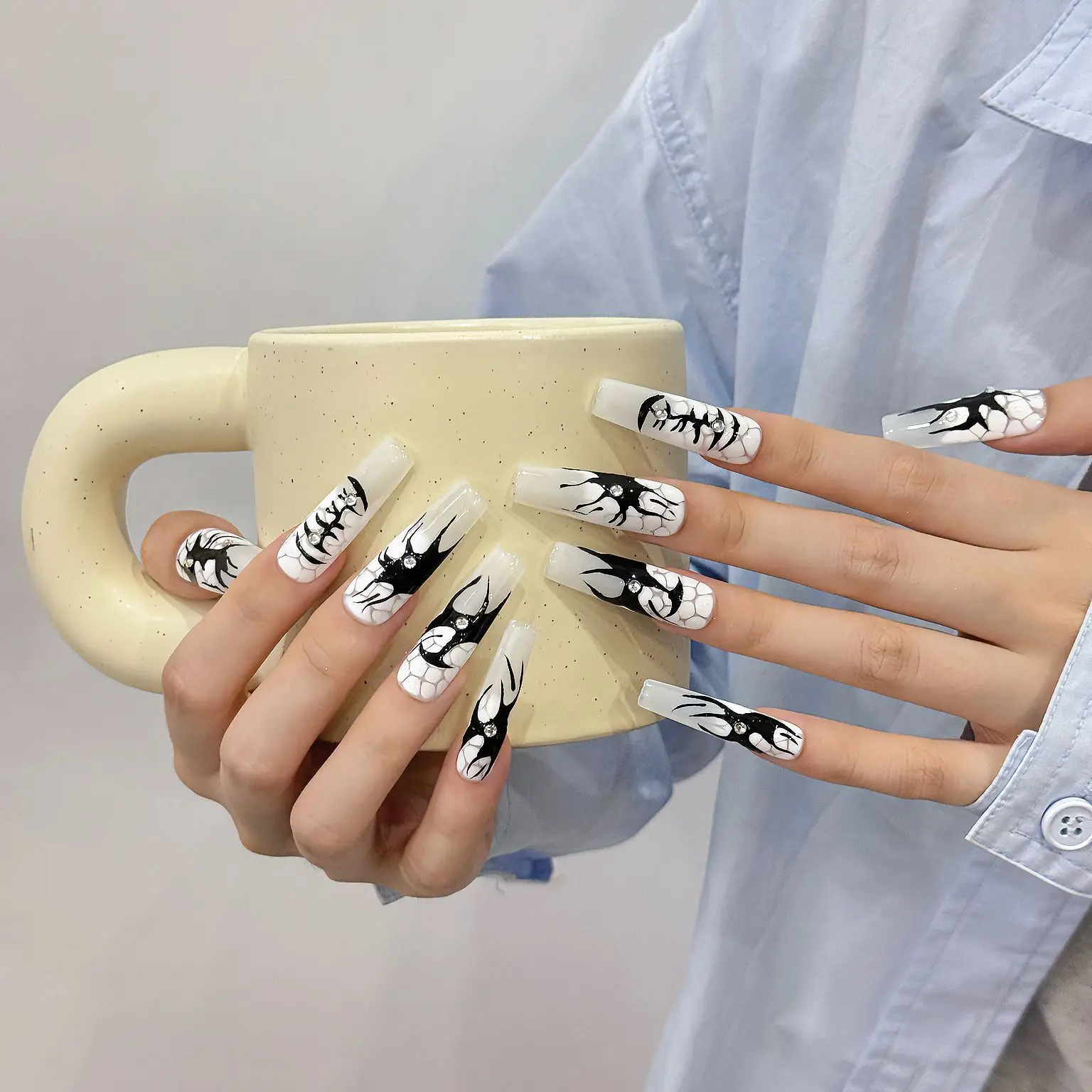 

10Pcs Black And White Handmade Press On Nails Y2k Design False Nails Full Cover French Ballerina Wearable Artificial Nail Tips