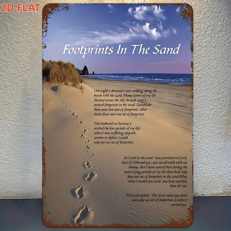 2D Flat Metal Tin Sign, Footprints on The Beach Poetic Vintage Rustic Inspirational Wall Hanging Decor Plaque
