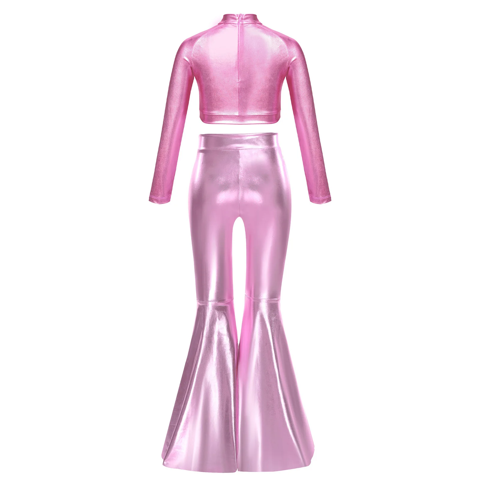 Kids Girls Shiny Disco Jazz Dance Costume Long Sleeve Metalic Sequin Crop Top Split Bell-Bottom Pants Hippie Ballroom Performace view 5